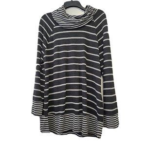 Chico's Size 2 Striped Cowl Neck Tunic Top Long Sleeve Black Gray Large